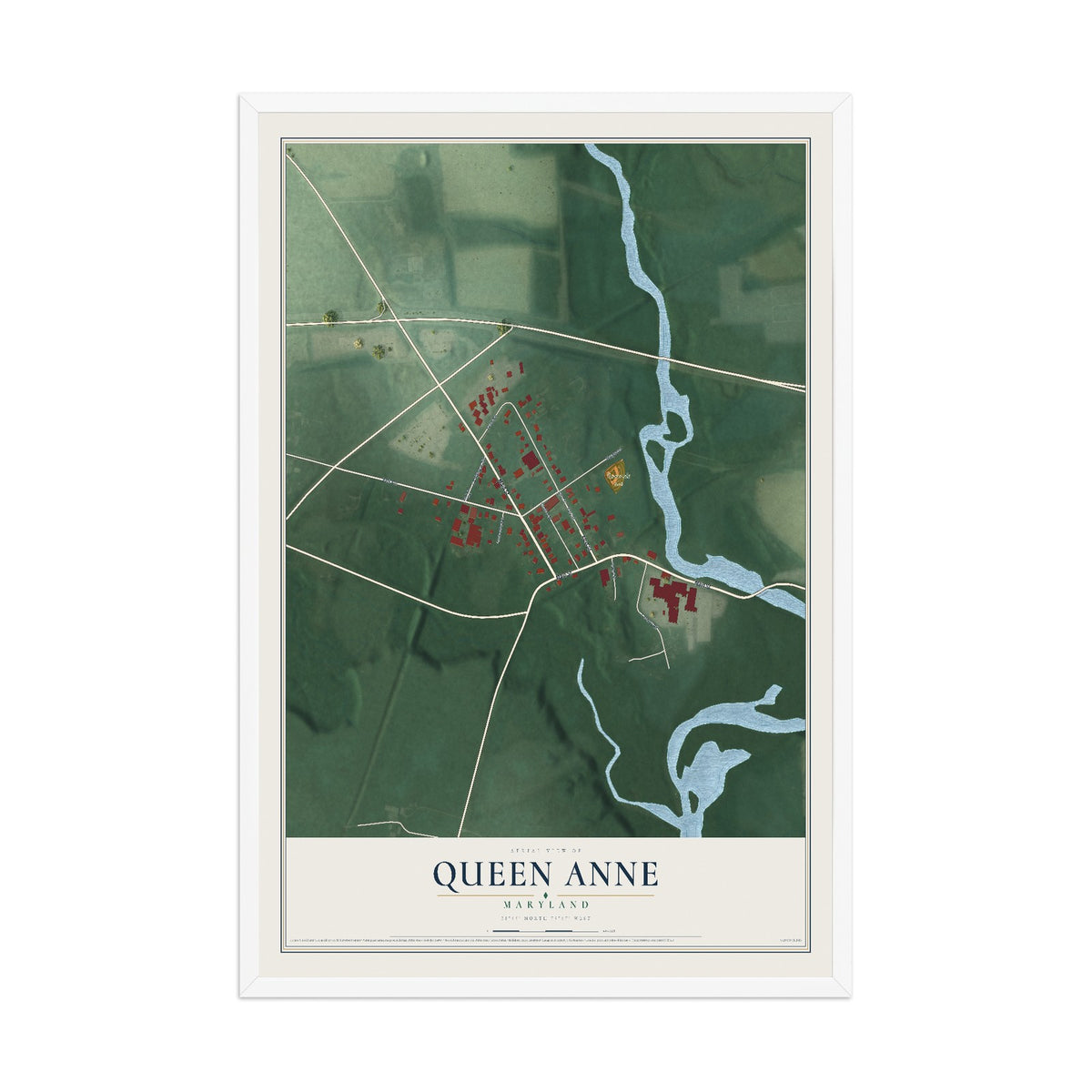 Map of Queen Anne, Maryland, 12 x 18 inch print in a white wood frame