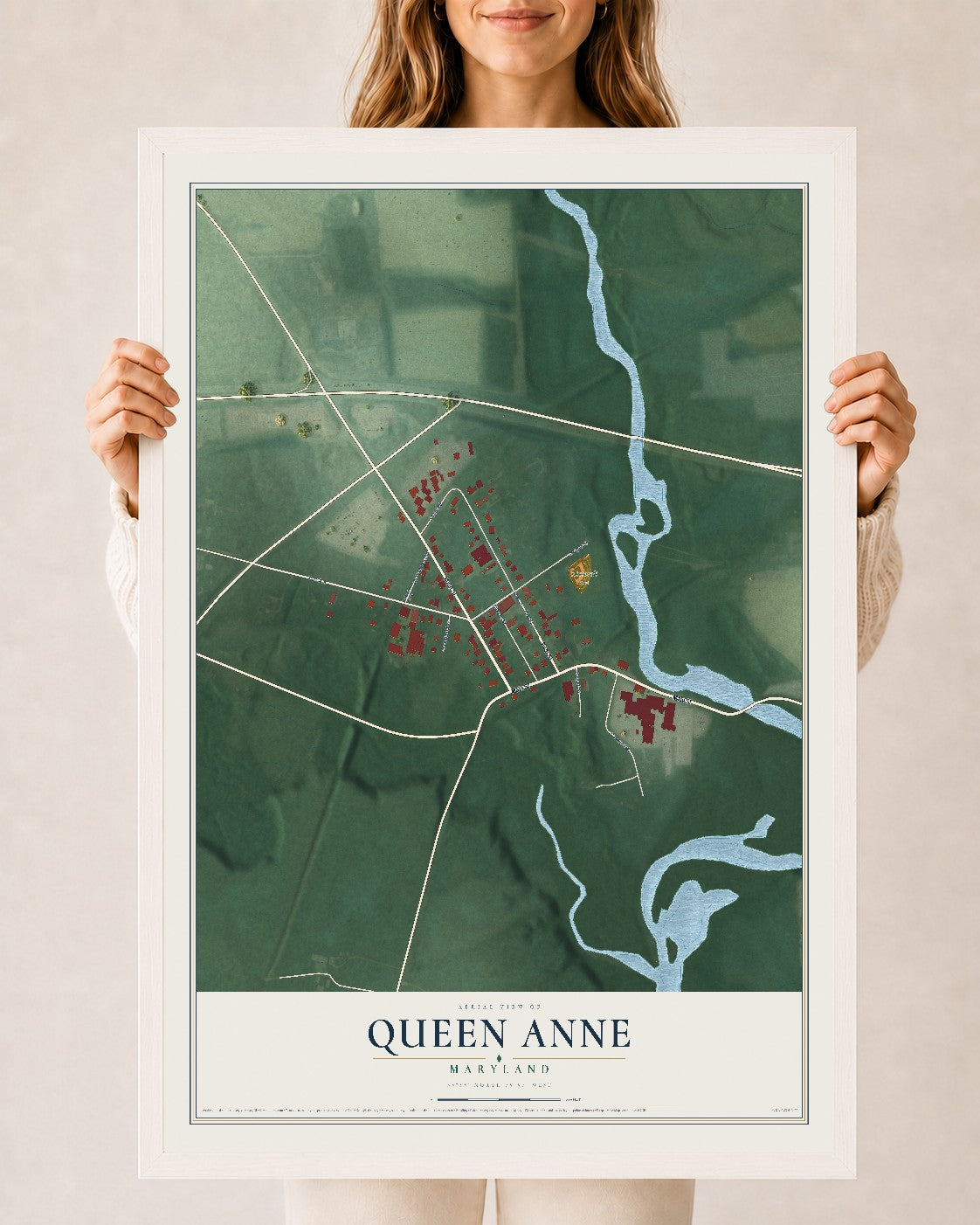 Map of Queen Anne, Maryland, 24 x 36 inch print in a white wood frame