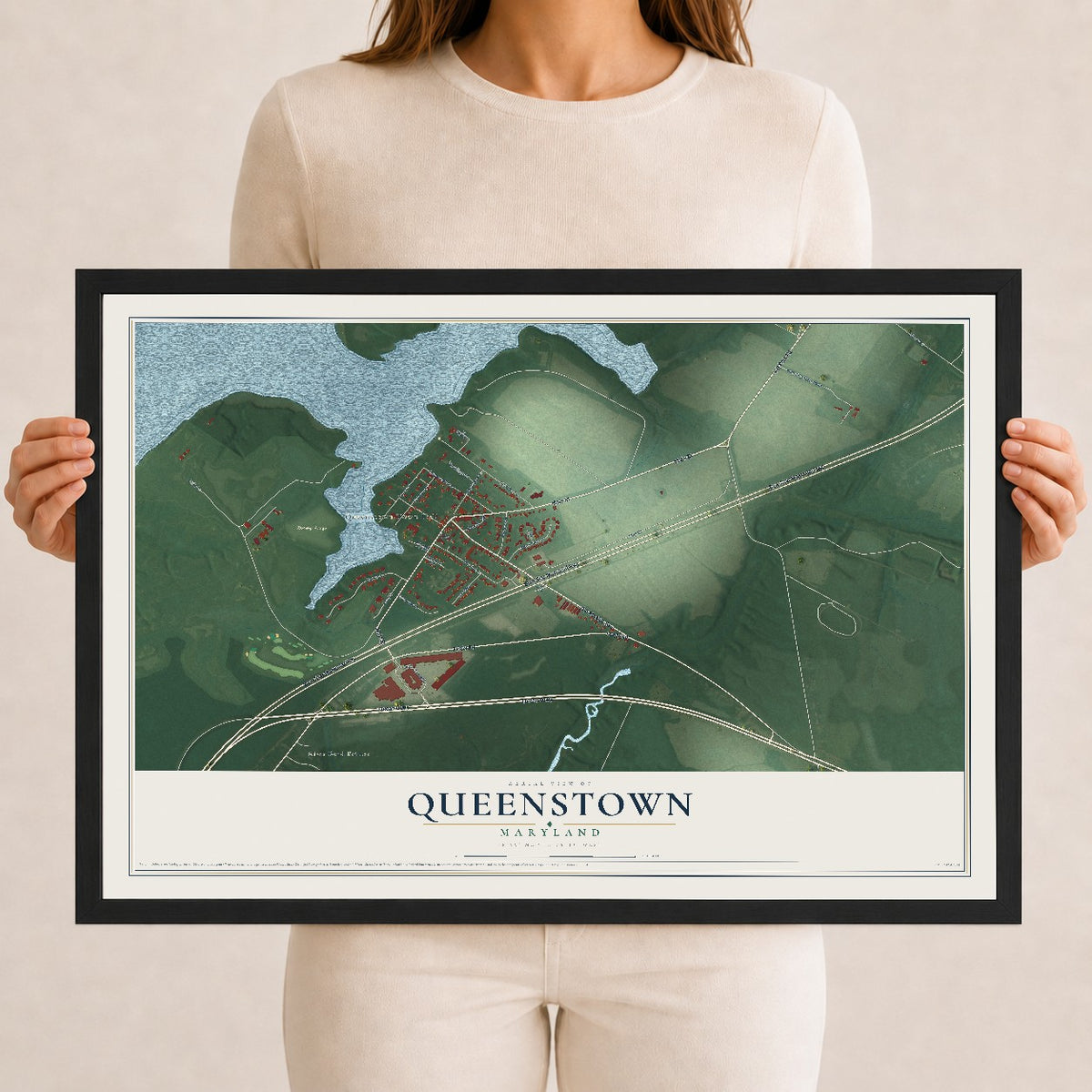 Map of Queenstown, Maryland, 12 x 18 inch print in a black wood frame