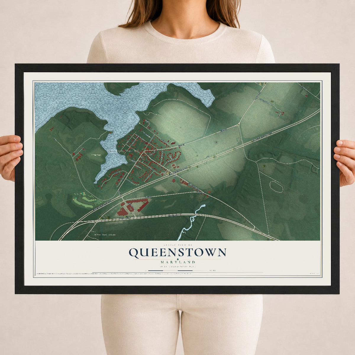 Map of Queenstown, Maryland, 18 x 24 inch print in a black wood frame