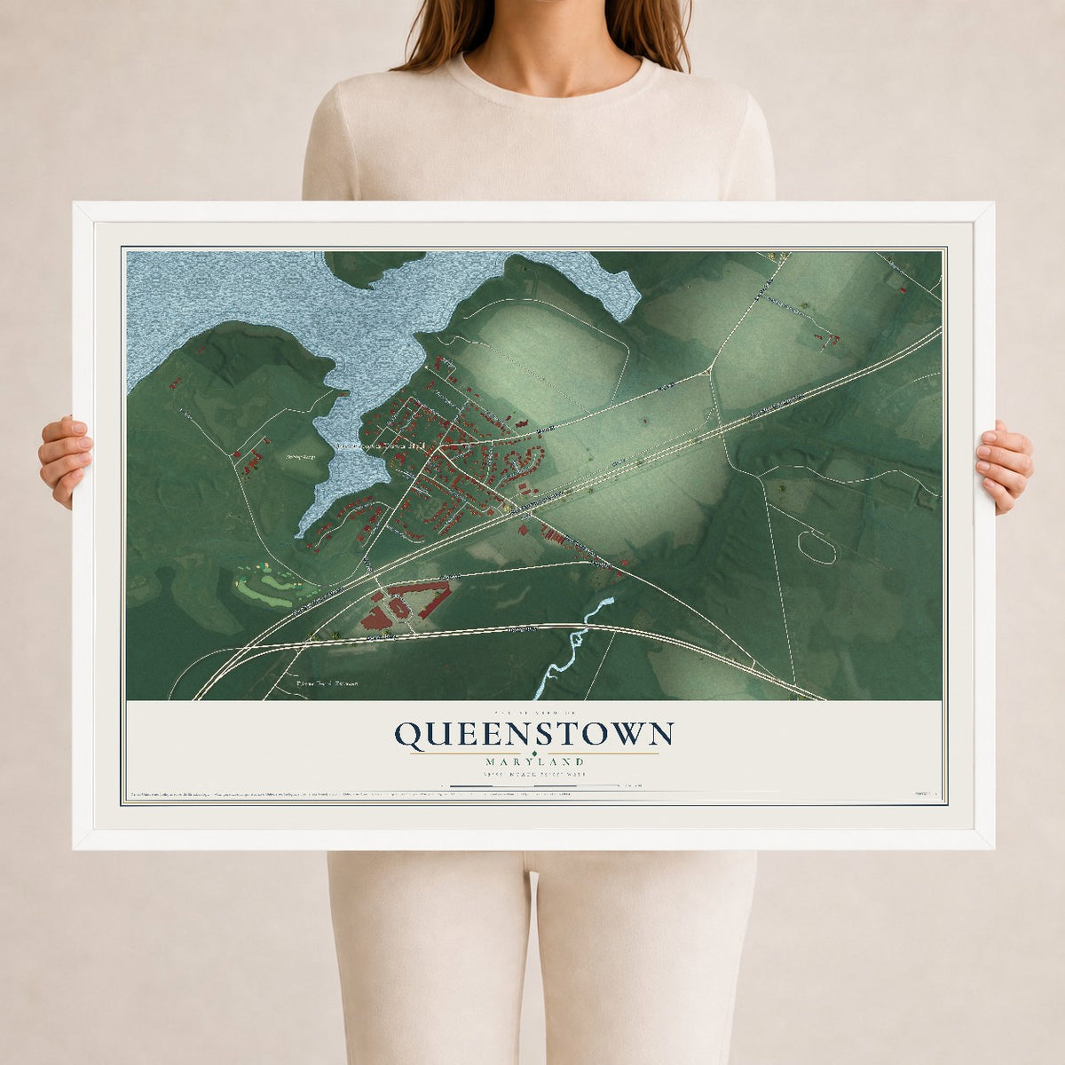 Map of Queenstown, Maryland, 24 x 36 inch print in a white wood frame