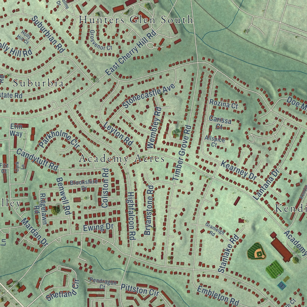 Close-up of the map of Reisterstown, Maryland print showing street and building detail