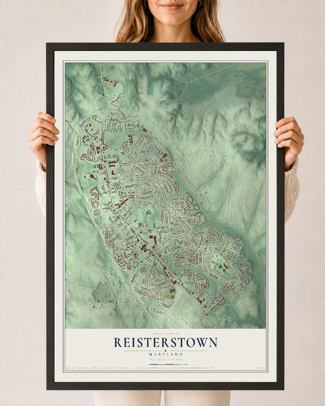 Map of Reisterstown, Maryland, 24 x 36 inch print in a black wood frame