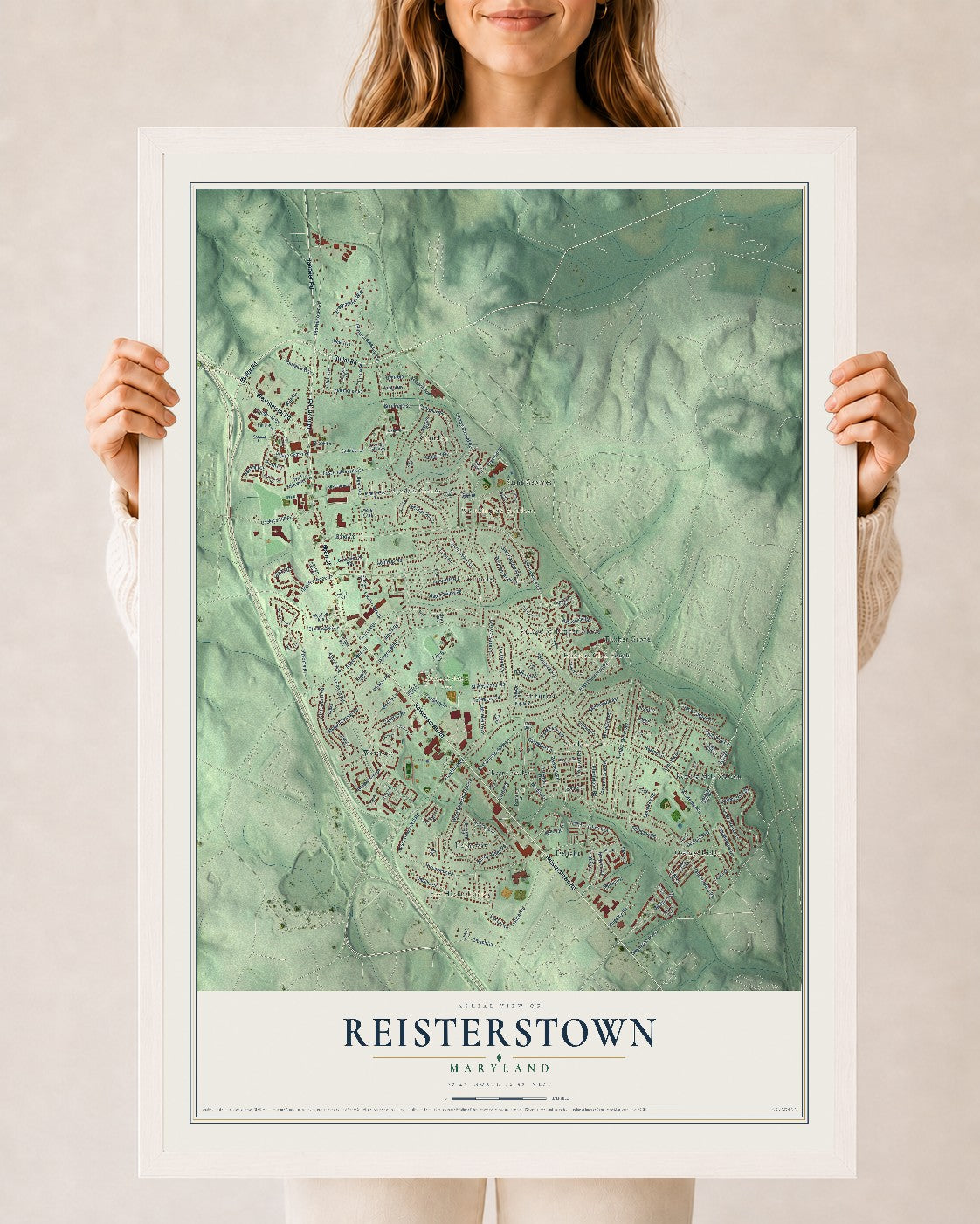 Map of Reisterstown, Maryland, 24 x 36 inch print in a white wood frame