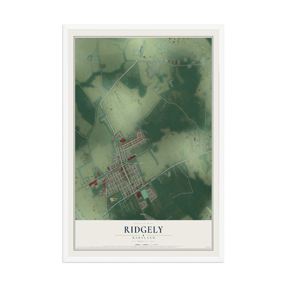 Map of Ridgely, Maryland, 12 x 18 inch print in a white wood frame