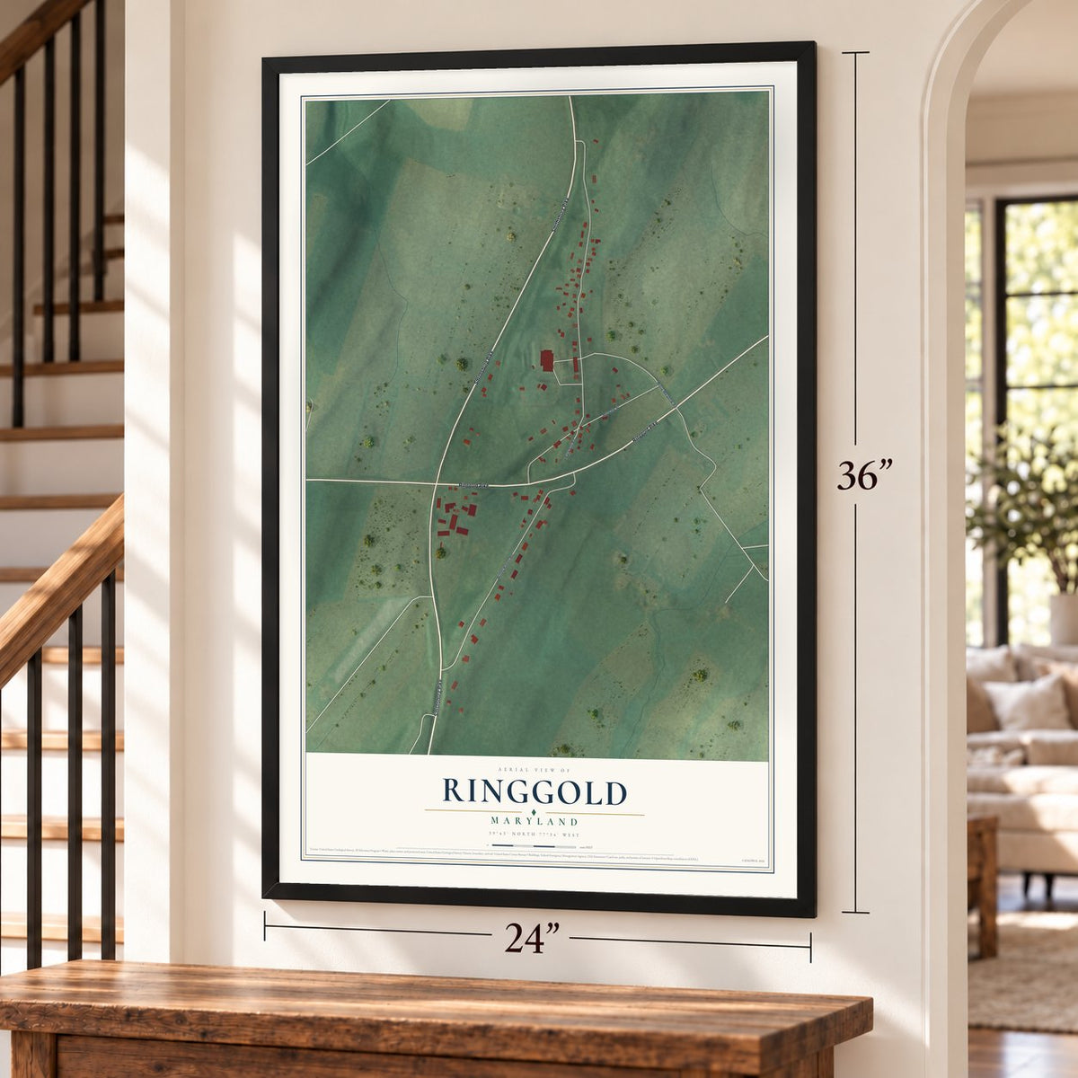 Ringgold, Maryland map, 24 x 36 inch print in a black frame by a staircase