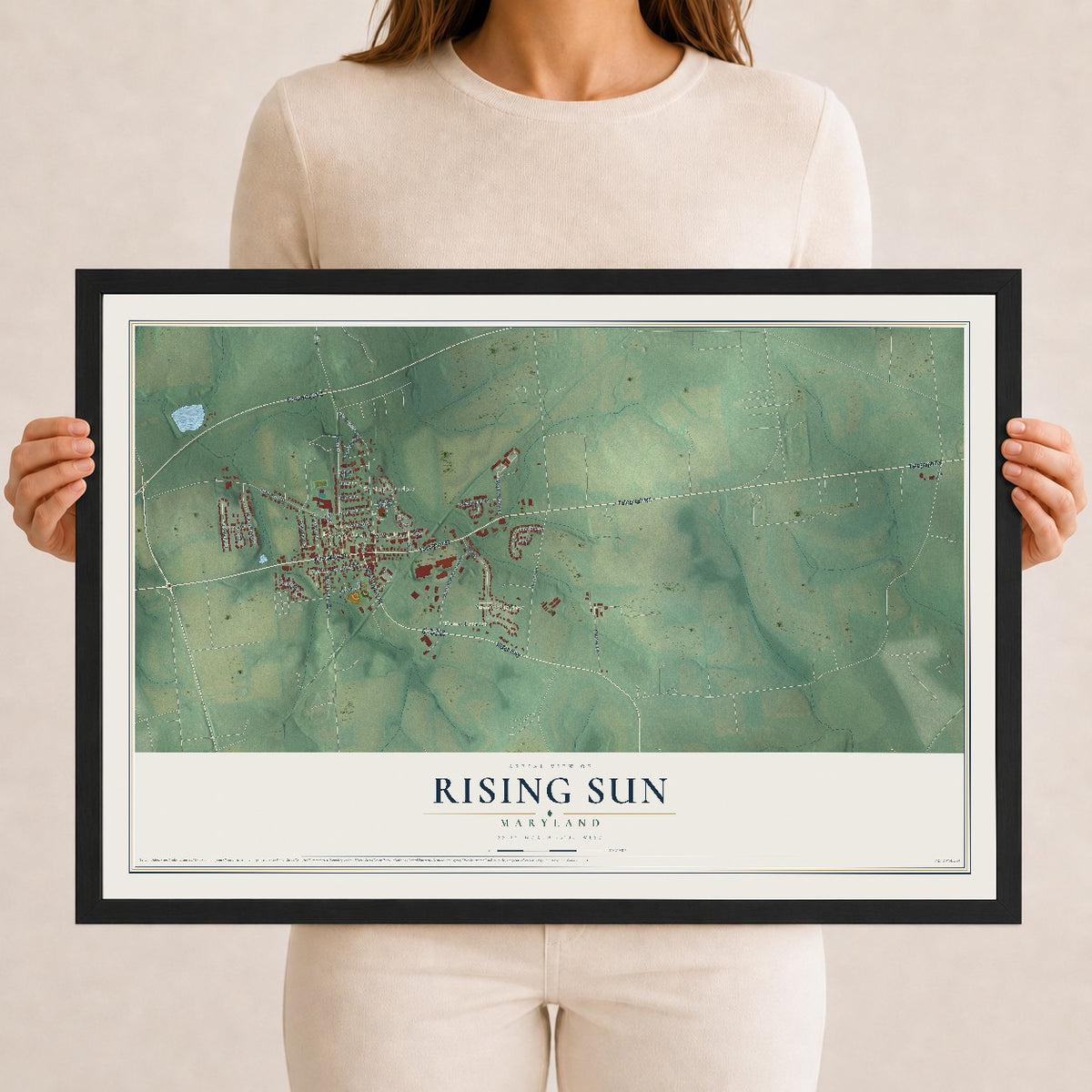 Map of Rising Sun, Maryland, 12 x 18 inch print in a black wood frame