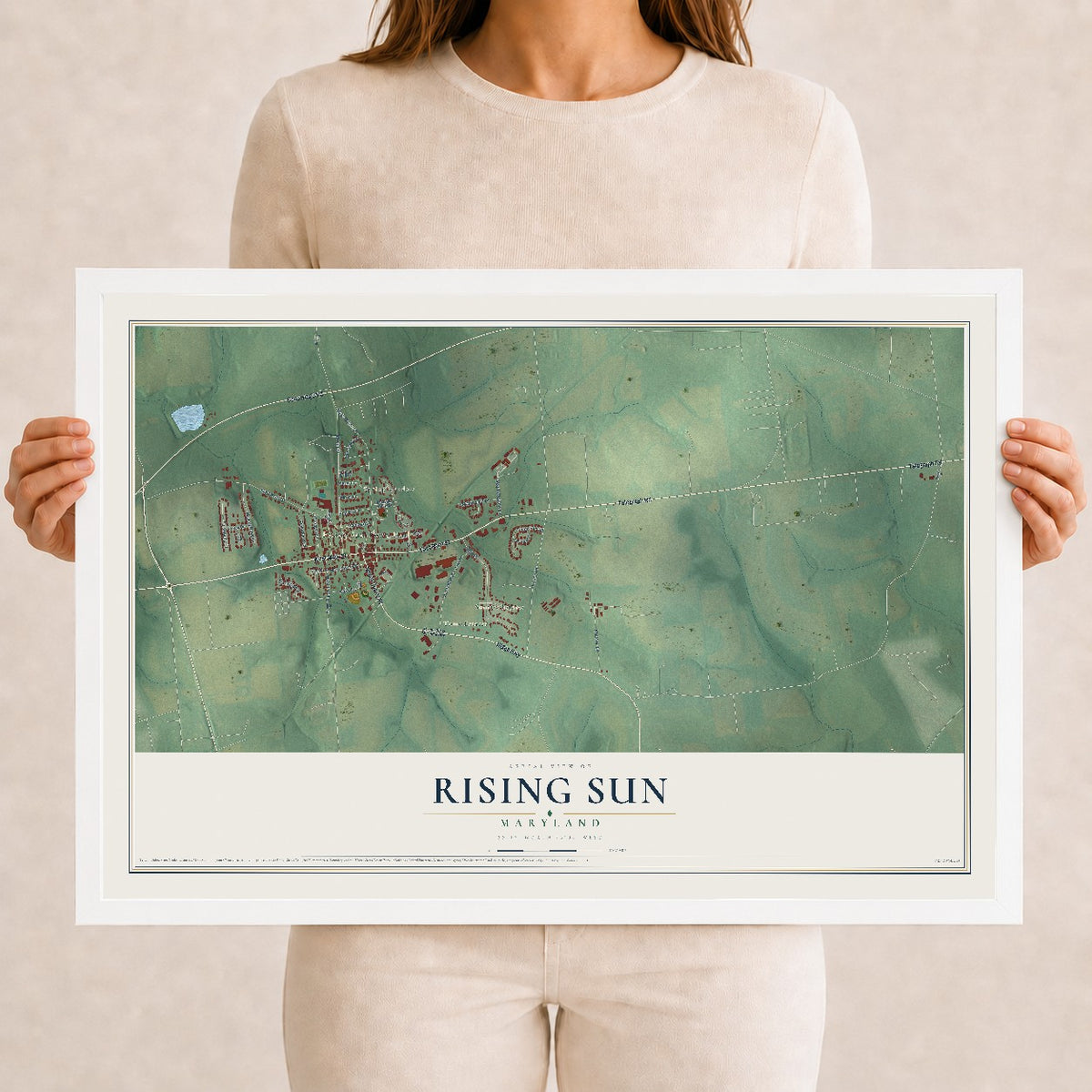 Map of Rising Sun, Maryland, 12 x 18 inch print in a white wood frame