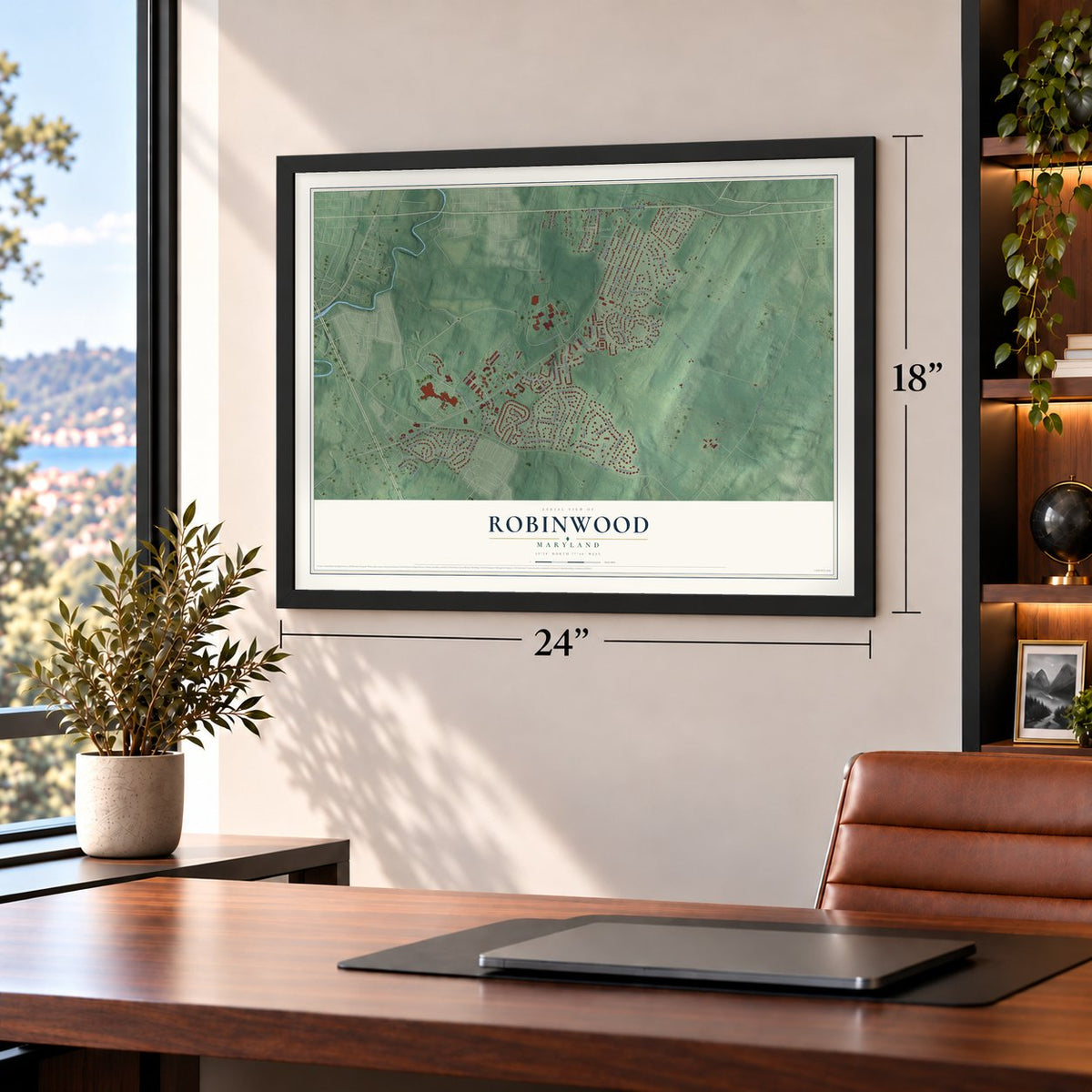 Robinwood, Maryland map, 18 x 24 inch print in a black frame in a home office