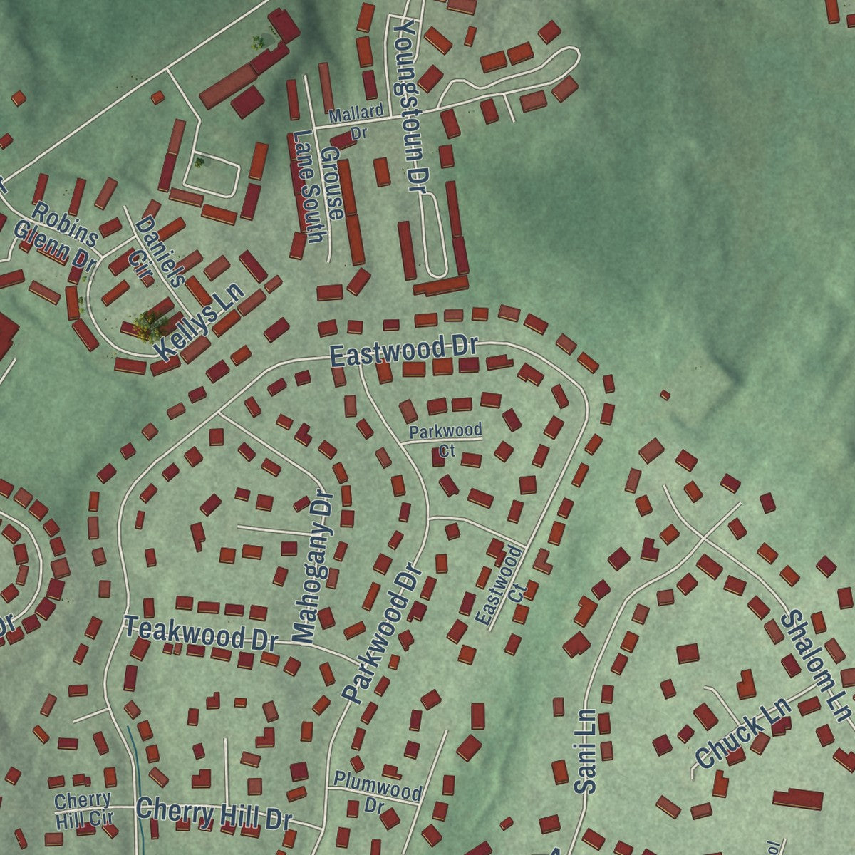 Close-up of the map of Robinwood, Maryland print showing street and building detail