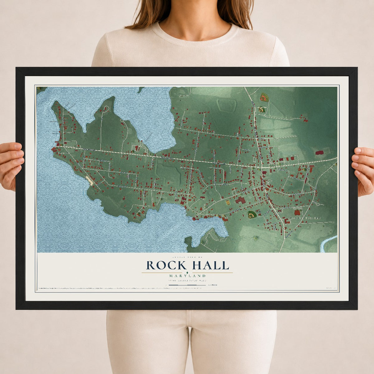 Map of Rock Hall, Maryland, 18 x 24 inch print in a black wood frame