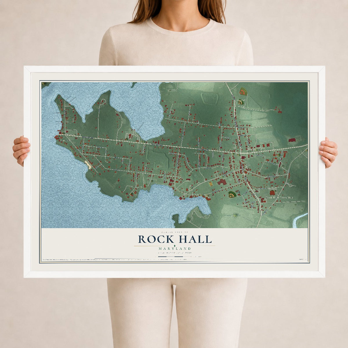 Map of Rock Hall, Maryland, 24 x 36 inch print in a white wood frame