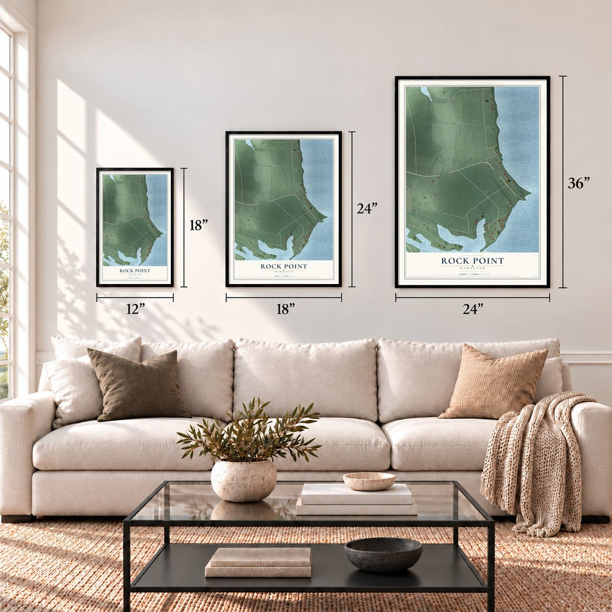 Rock Point, Maryland map in 12 x 18, 18 x 24 and 24 x 36 inch sizes above a sofa