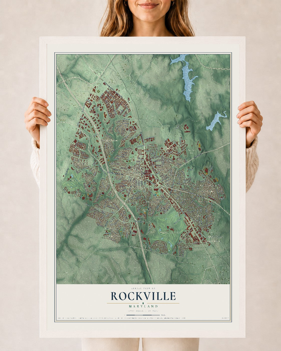 Map of Rockville, Maryland, 24 x 36 inch print in a white wood frame