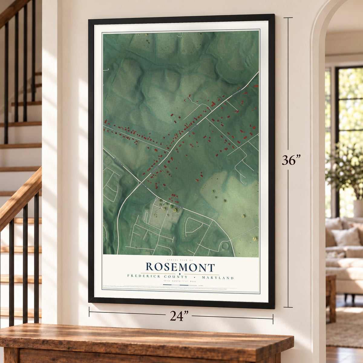 Rosemont, Maryland map, 24 x 36 inch print in a black frame by a staircase