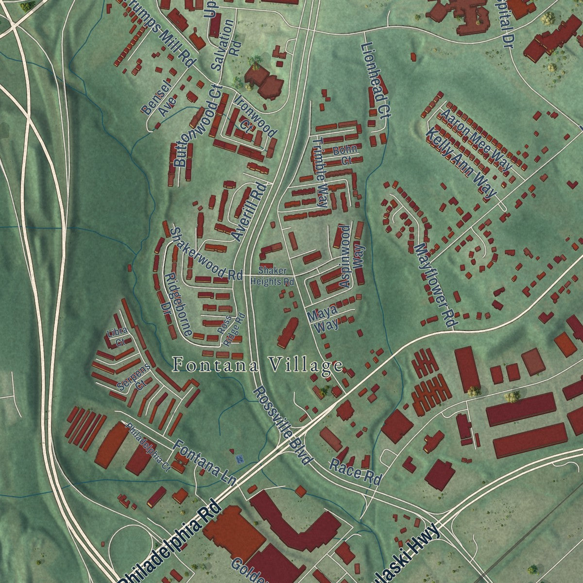 Close-up of the map of Rossville, Maryland print showing street and building detail