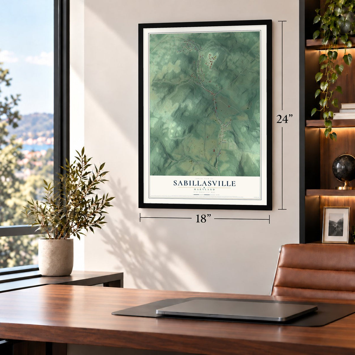 Sabillasville, Maryland map, 18 x 24 inch print in a black frame in a home office