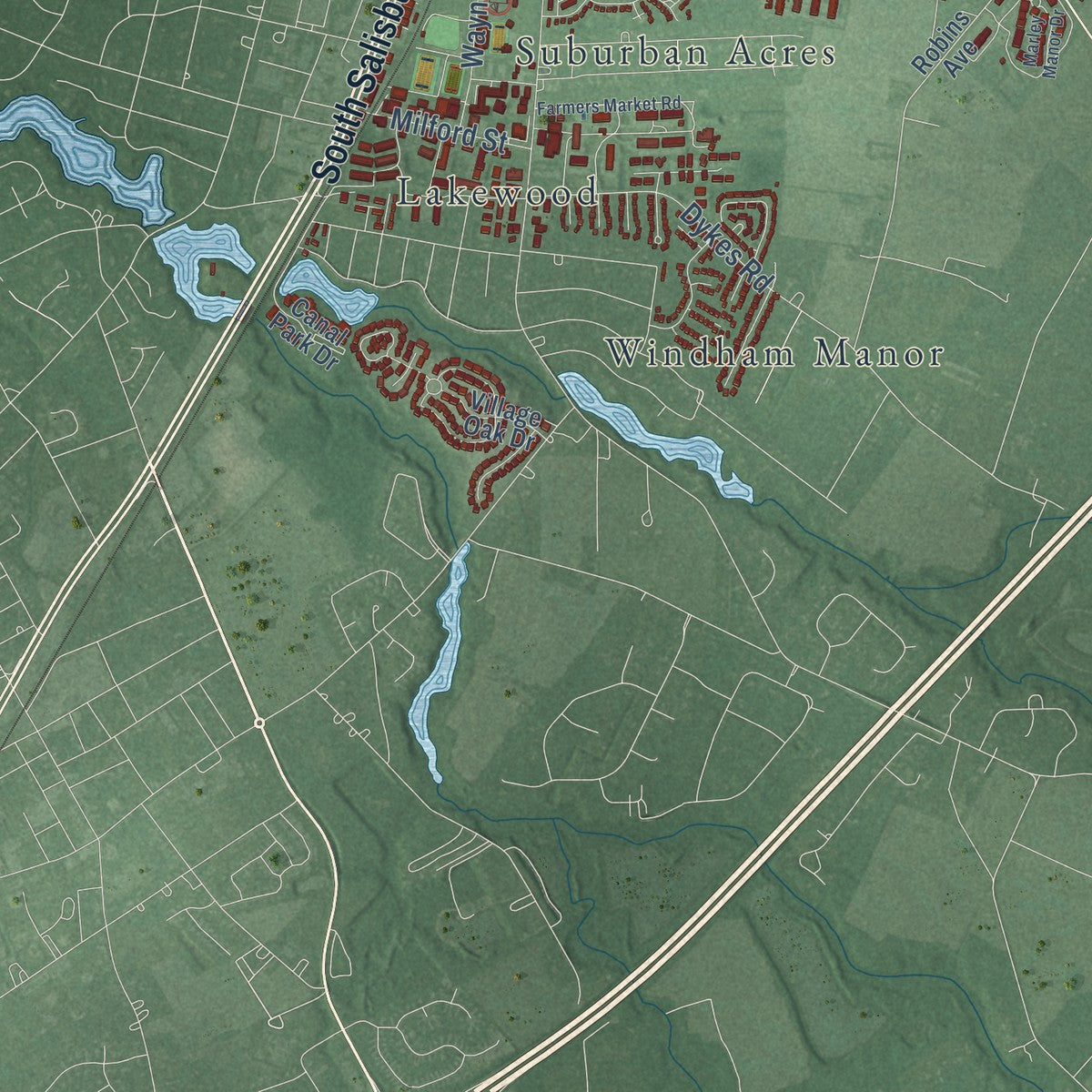 Second close-up of the map of Salisbury, Maryland print showing more streets and buildings