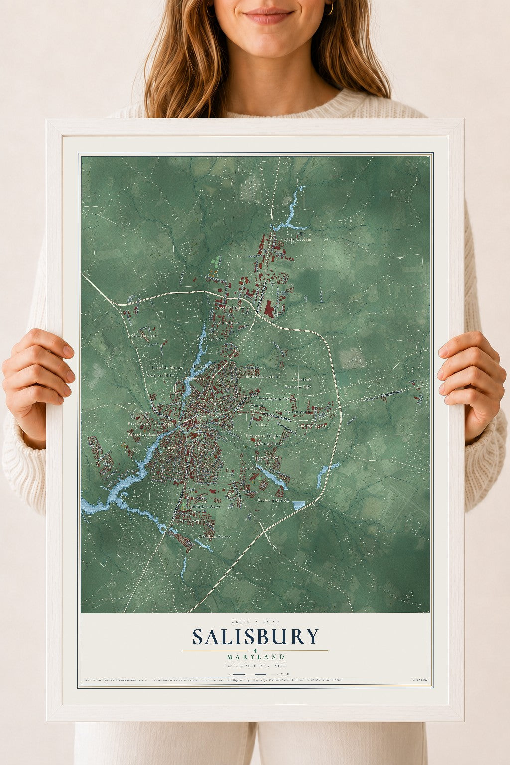 Map of Salisbury, Maryland, 18 x 24 inch print in a white wood frame