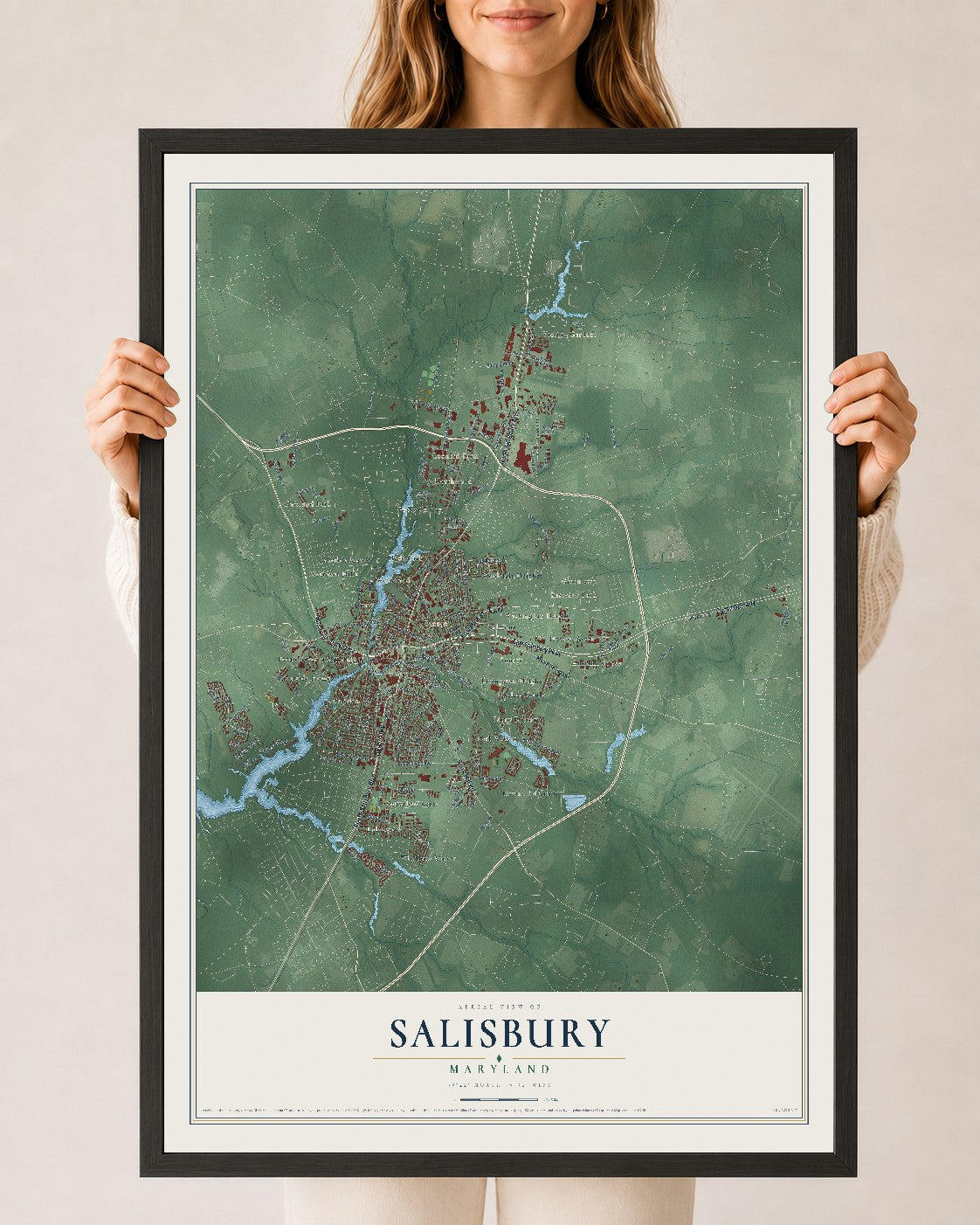 Map of Salisbury, Maryland, 24 x 36 inch print in a black wood frame