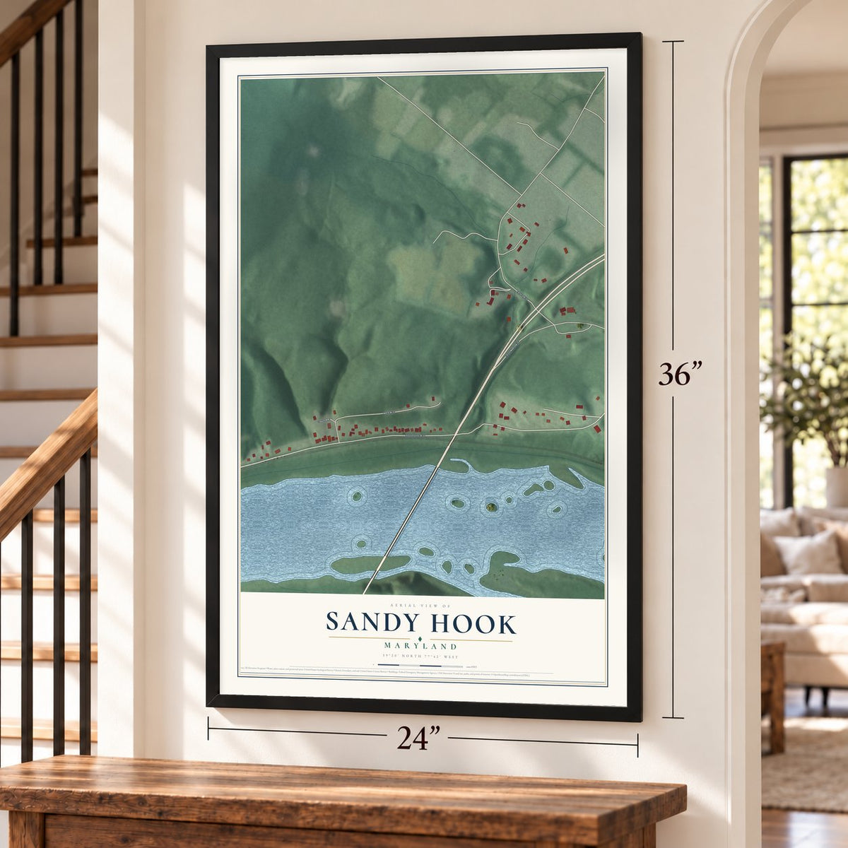 Sandy Hook, Maryland map, 24 x 36 inch print in a black frame by a staircase