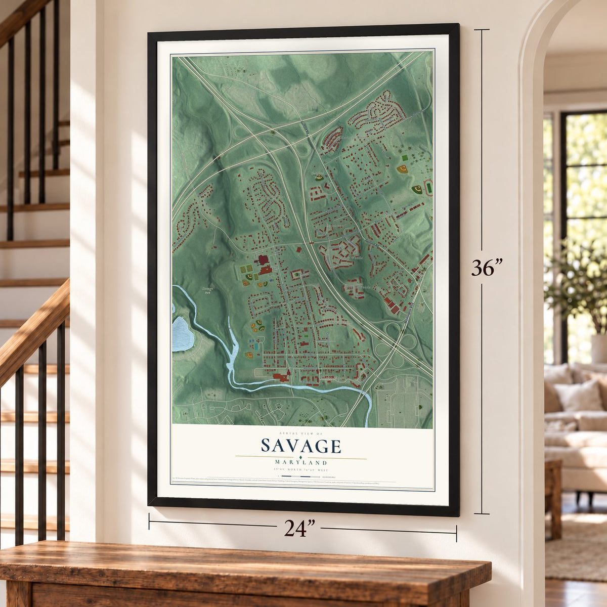 Savage, Maryland map, 24 x 36 inch print in a black frame by a staircase