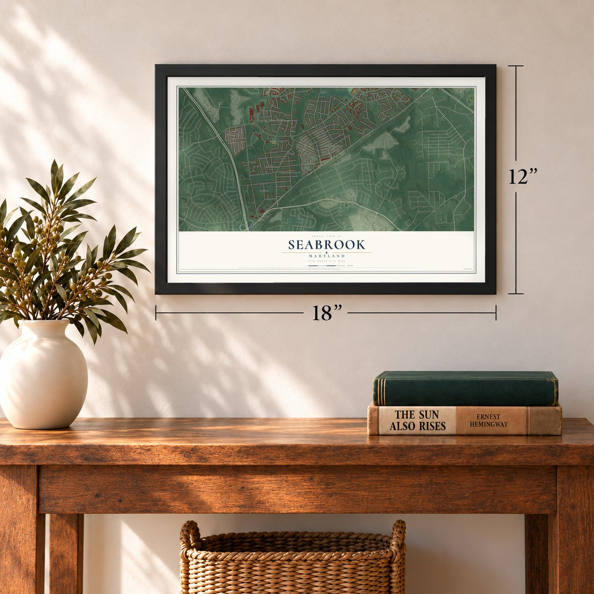 Seabrook, Maryland map, 12 x 18 inch print in a black frame in an entryway
