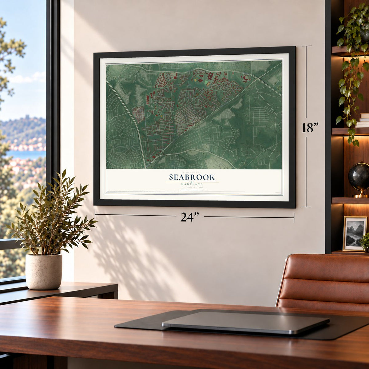 Seabrook, Maryland map, 18 x 24 inch print in a black frame in a home office