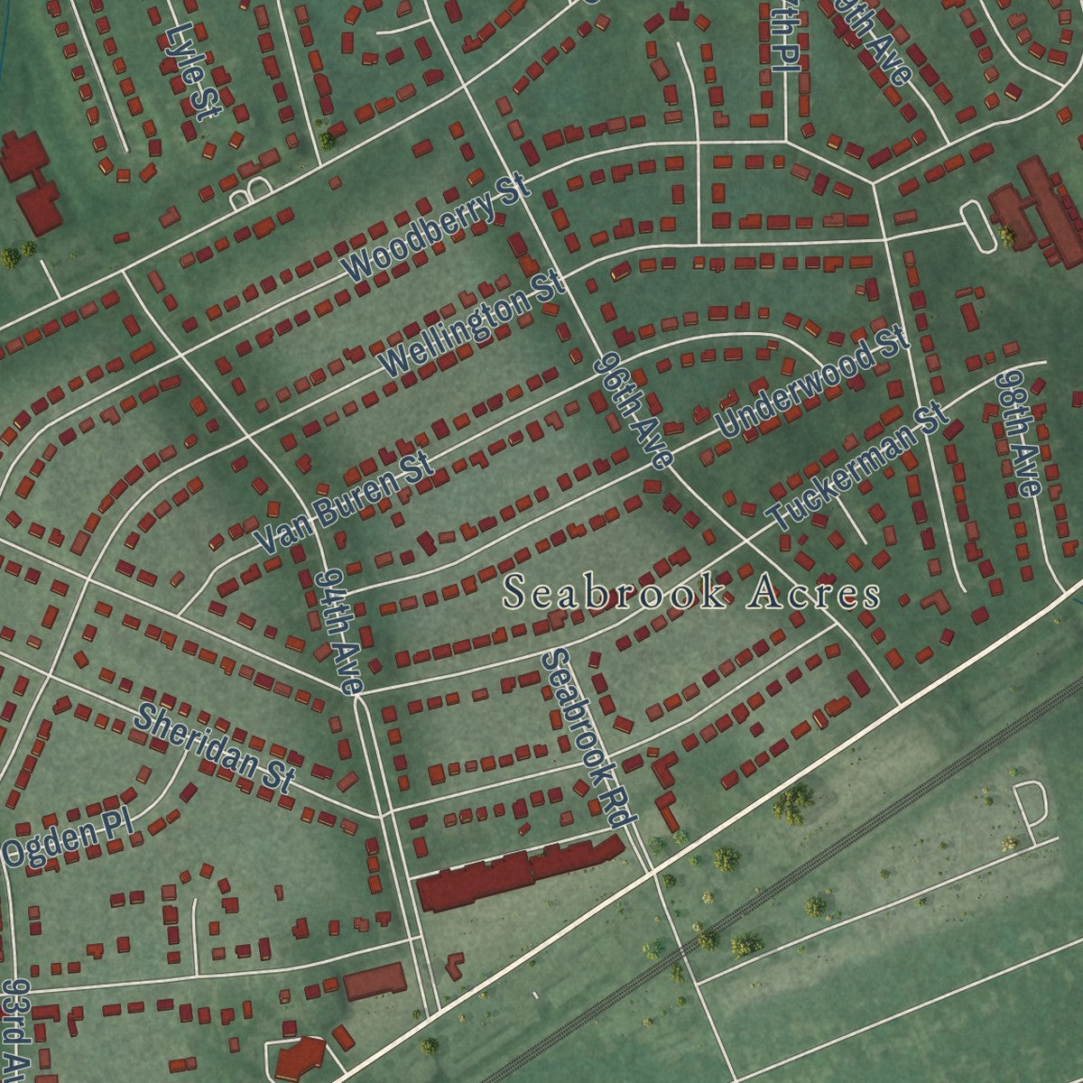 Close-up of the map of Seabrook, Maryland print showing street and building detail