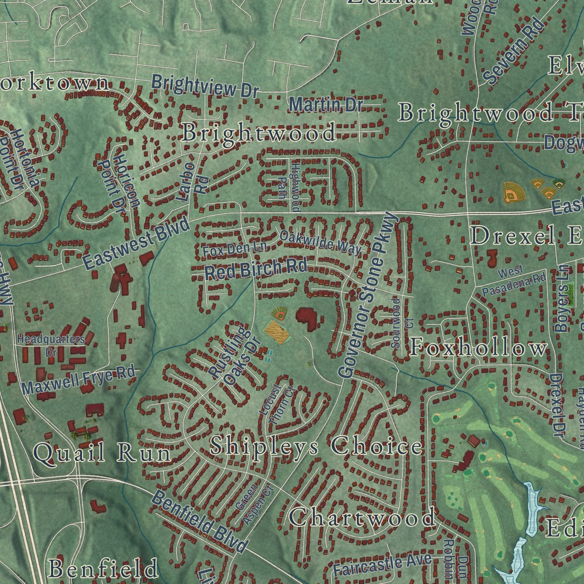 Close-up of the map of Severna Park, Maryland print showing street and building detail