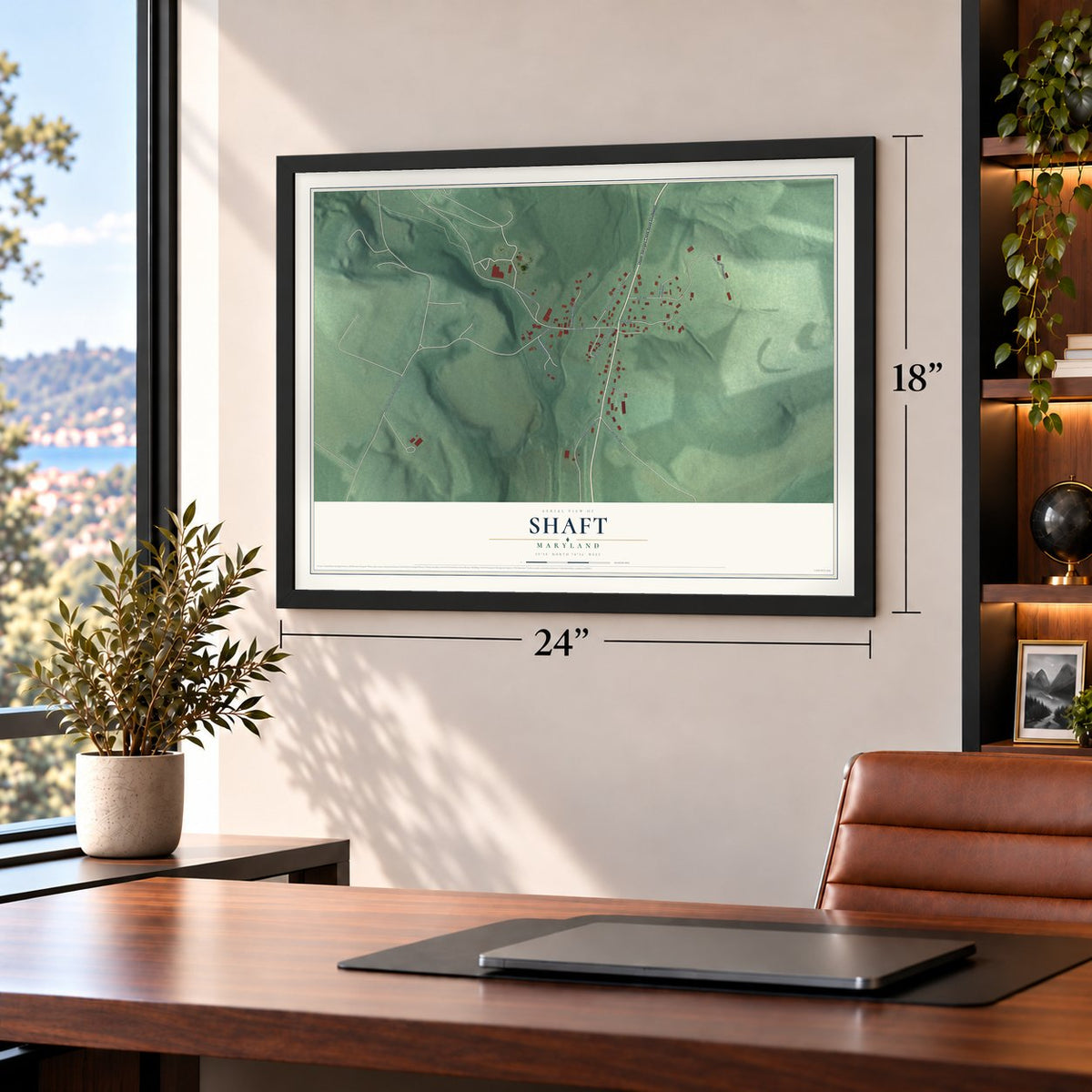 Shaft, Maryland map, 18 x 24 inch print in a black frame in a home office
