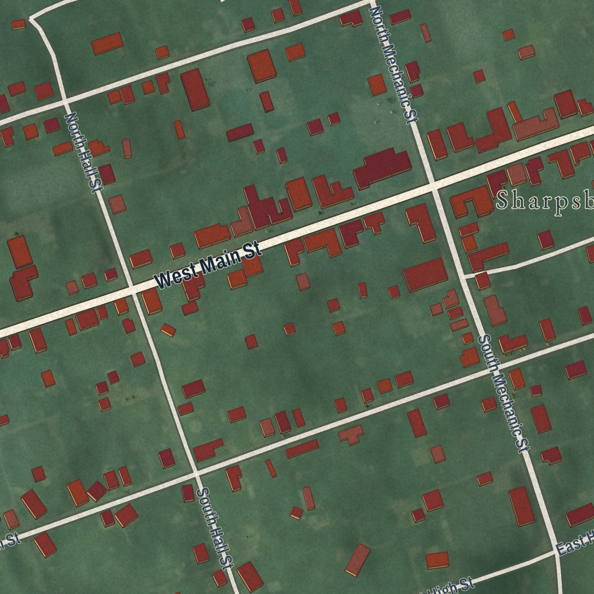Close-up of the map of Sharpsburg, Maryland print showing street and building detail