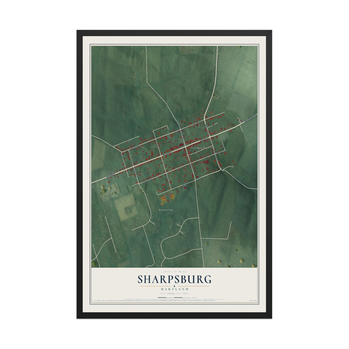 Map of Sharpsburg, Maryland, 12 x 18 inch print in a black wood frame