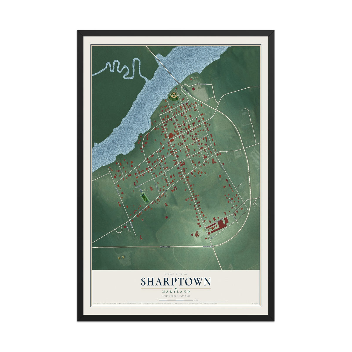 Map of Sharptown, Maryland, 12 x 18 inch print in a black wood frame