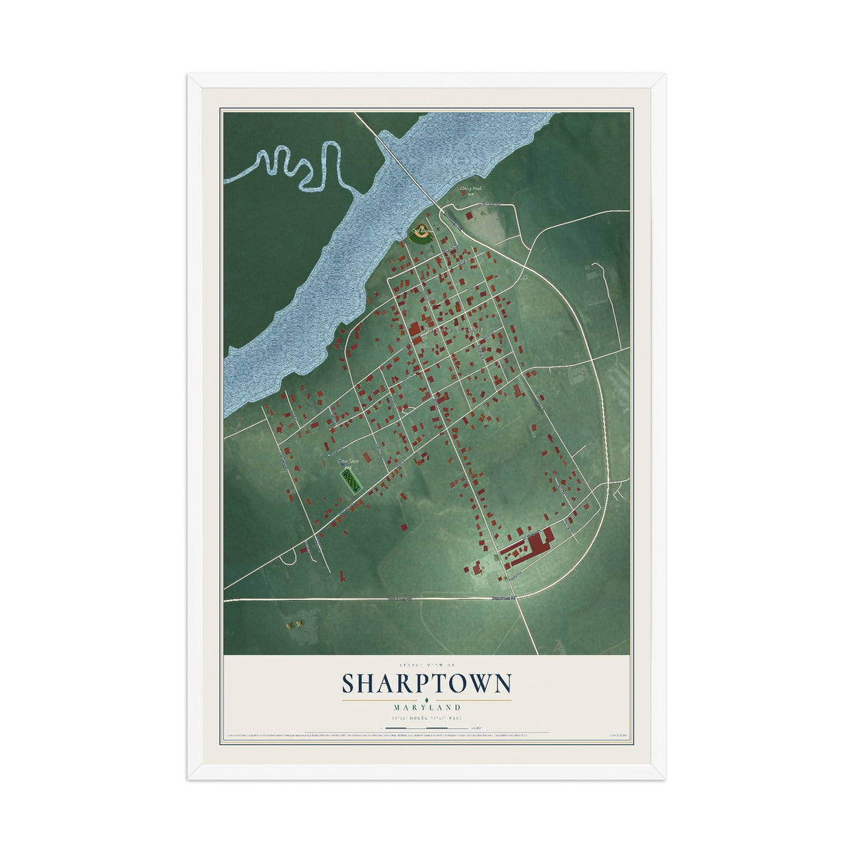 Map of Sharptown, Maryland, 12 x 18 inch print in a white wood frame