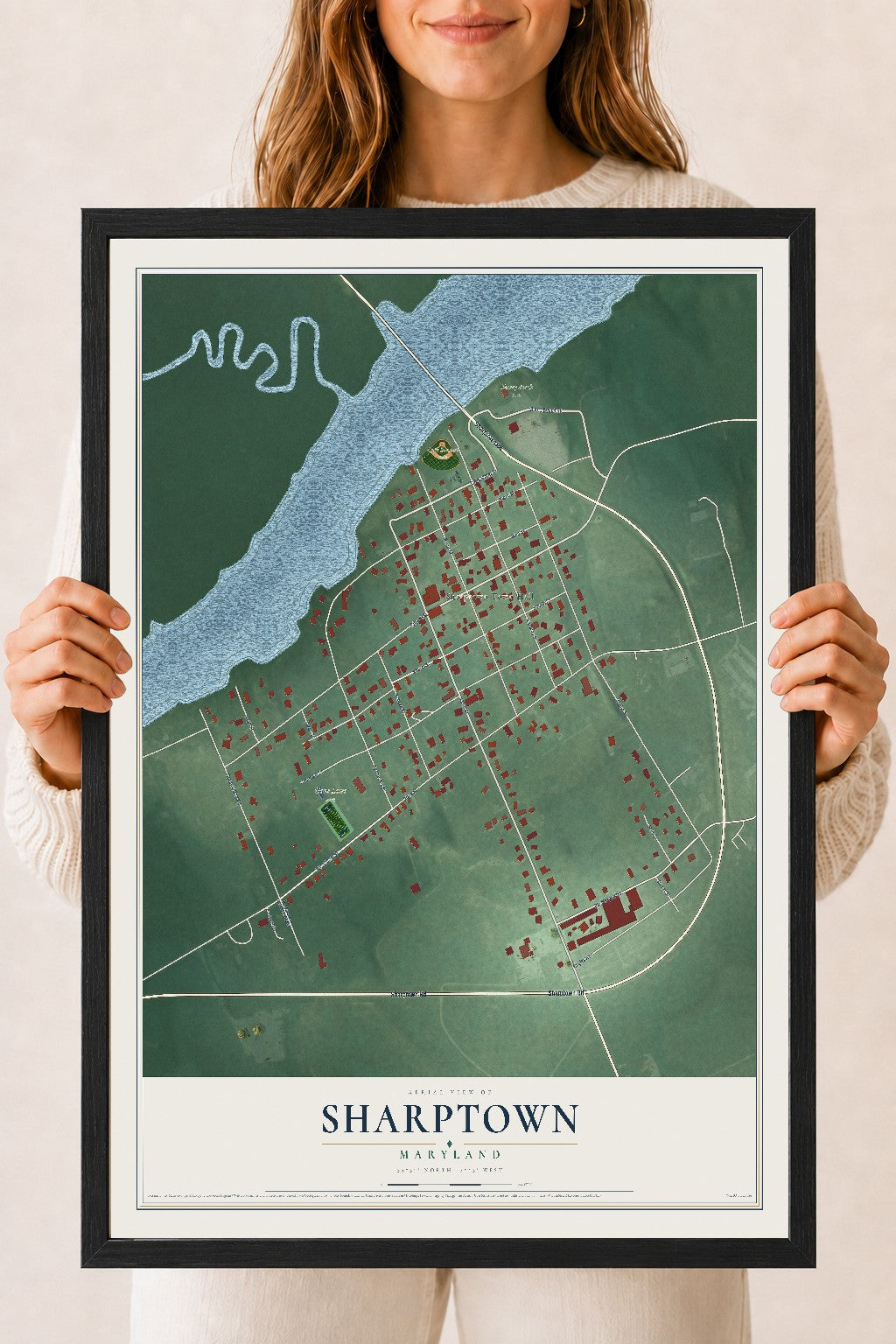 Map of Sharptown, Maryland, 18 x 24 inch print in a black wood frame