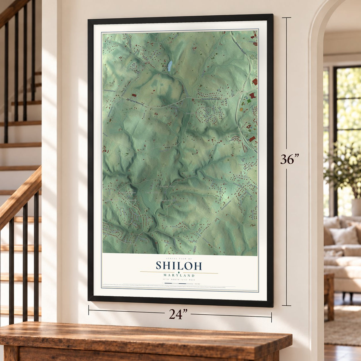 Shiloh, Maryland map, 24 x 36 inch print in a black frame by a staircase