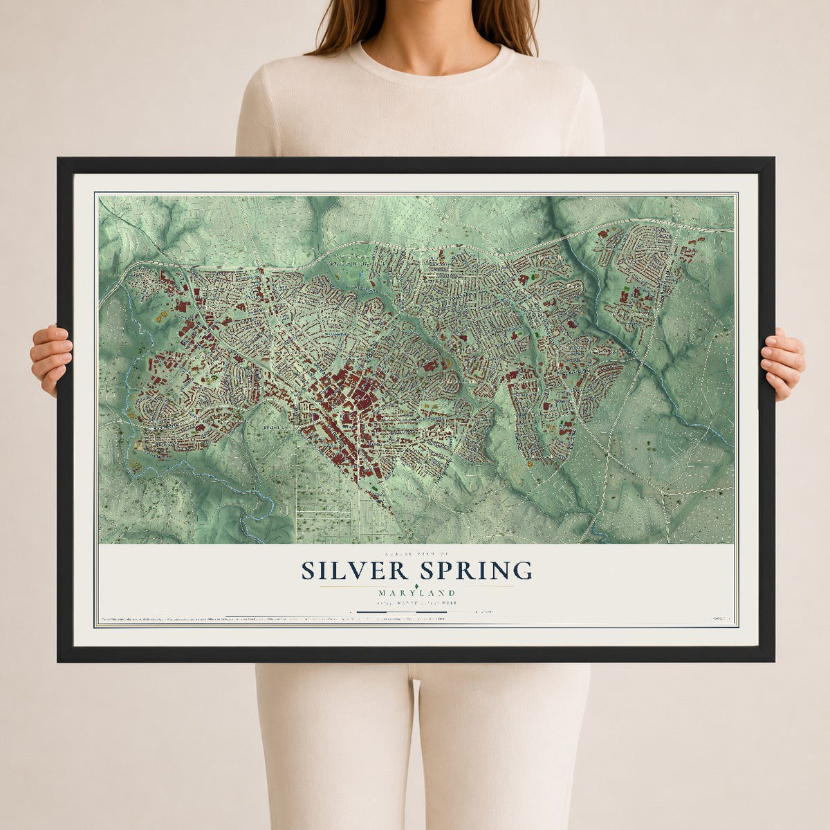 Map of Silver Spring, Maryland, 24 x 36 inch print in a black wood frame
