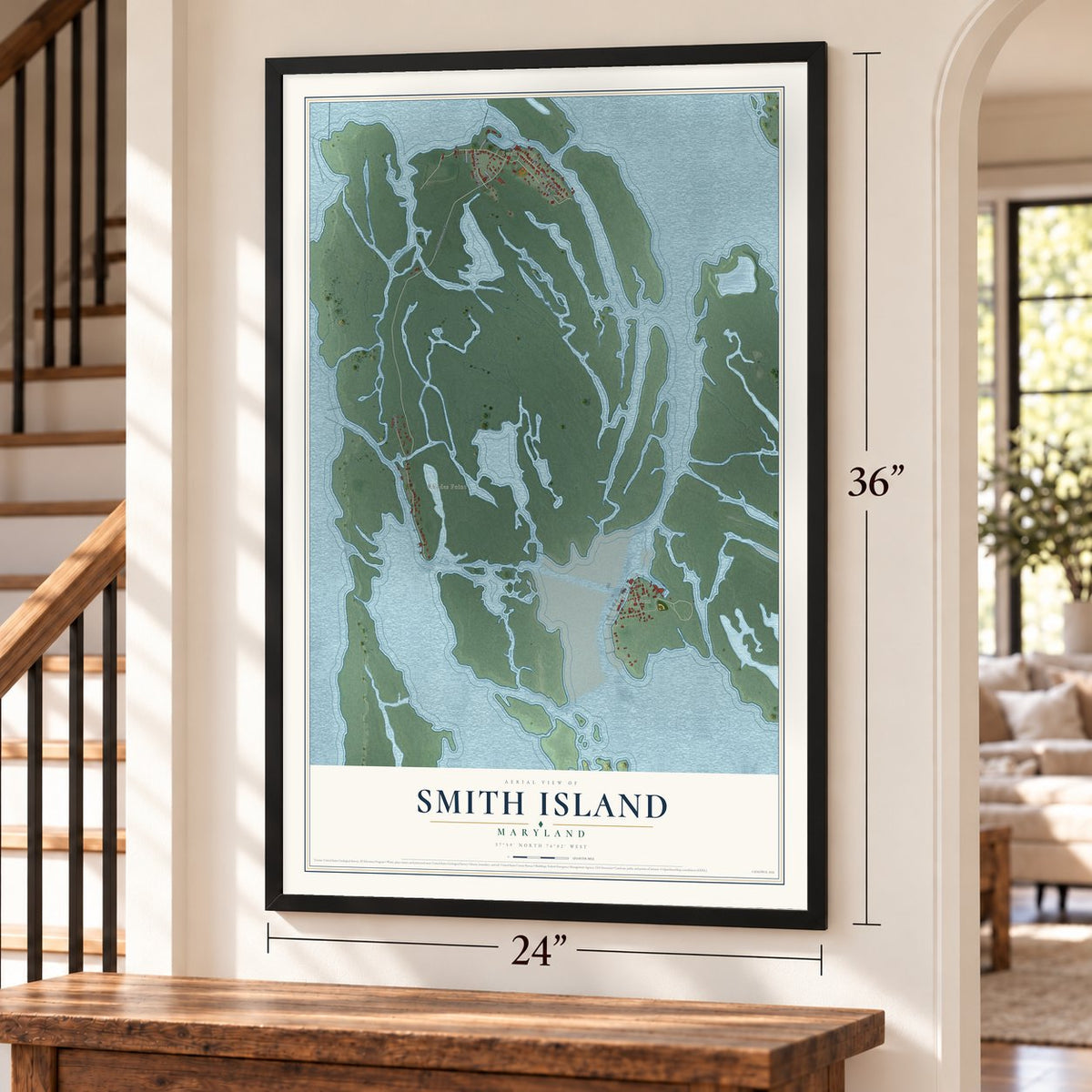 Smith Island, Maryland map, 24 x 36 inch print in a black frame by a staircase