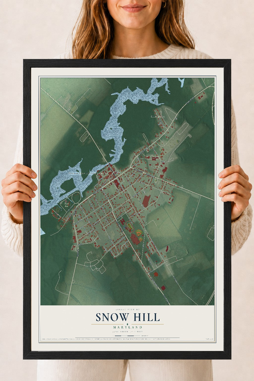 Map of Snow Hill, Maryland, 18 x 24 inch print in a black wood frame