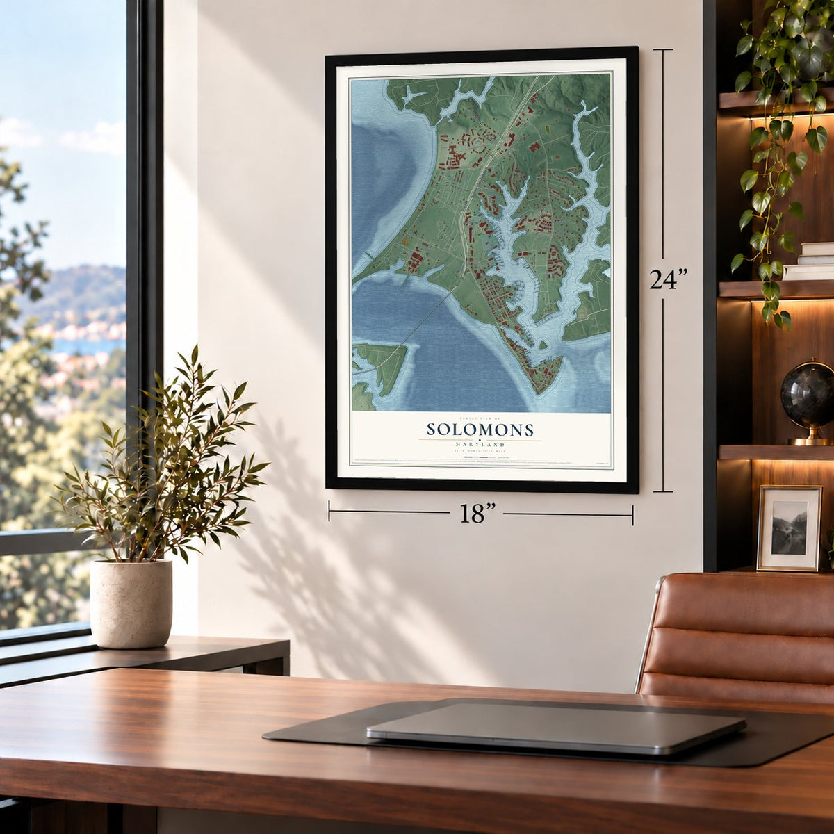 Solomons, Maryland map, 18 x 24 inch print in a black frame in a home office