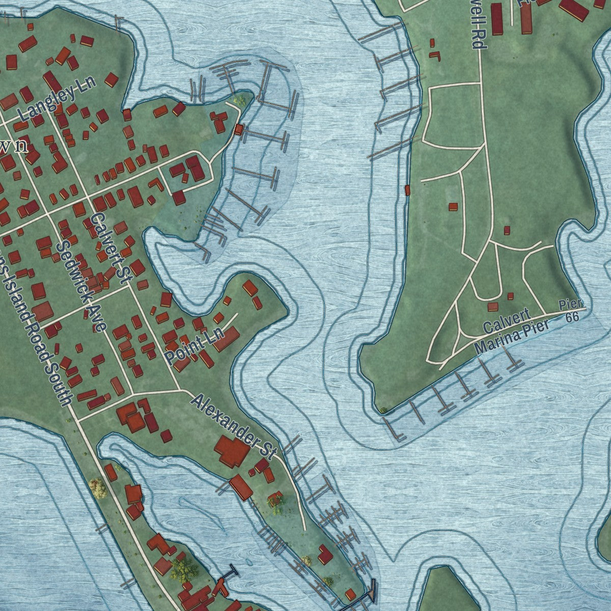 Close-up of the map of Solomons, Maryland print showing street and building detail