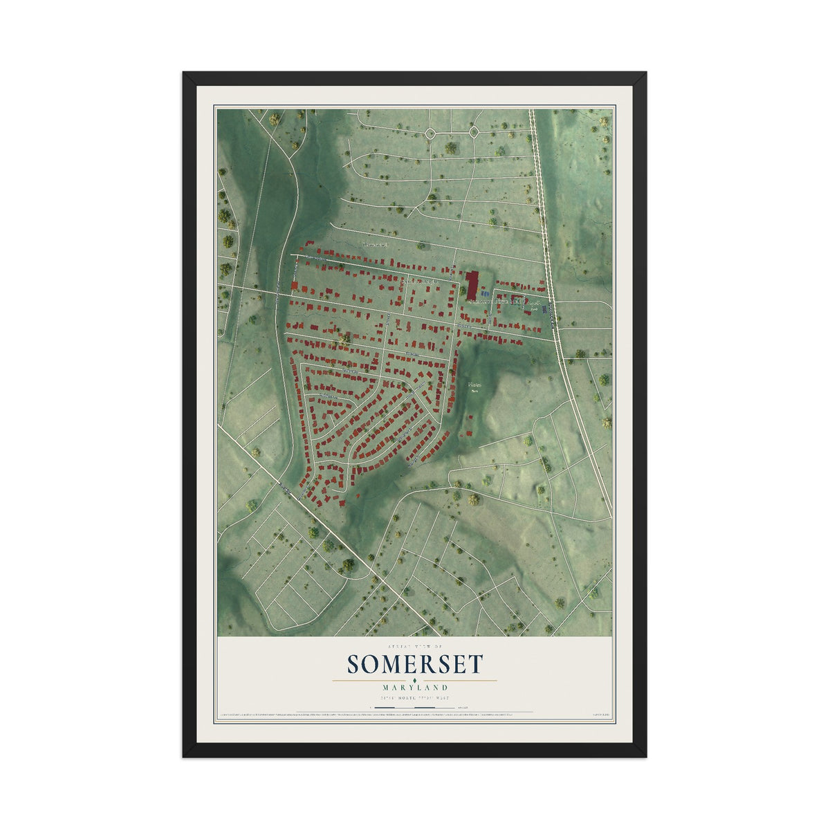 Map of Somerset, Maryland, 12 x 18 inch print in a black wood frame