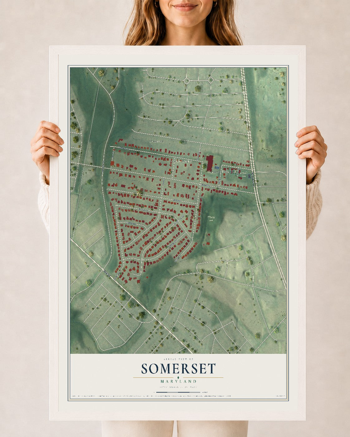 Map of Somerset, Maryland, 24 x 36 inch print in a white wood frame