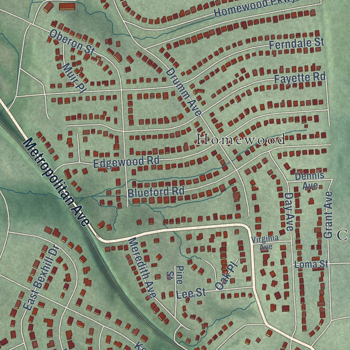 Close-up of the map of South Kensington, Maryland print showing street and building detail