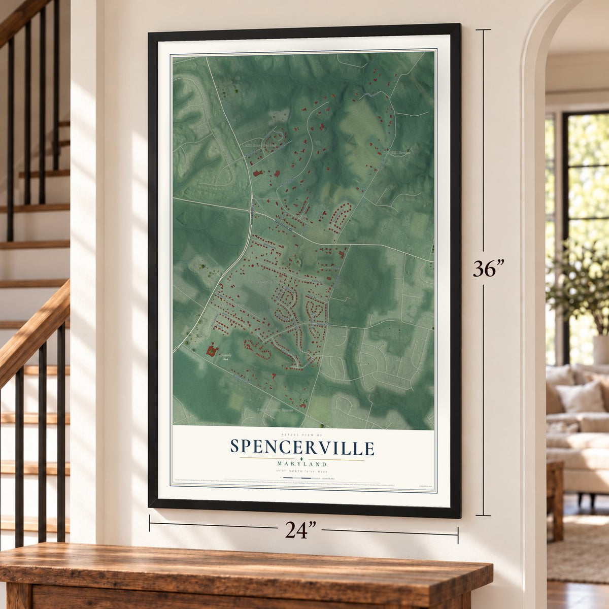 Spencerville, Maryland map, 24 x 36 inch print in a black frame by a staircase