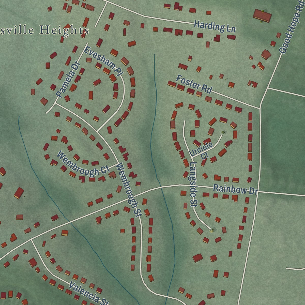 Close-up of the map of Spencerville, Maryland print showing street and building detail