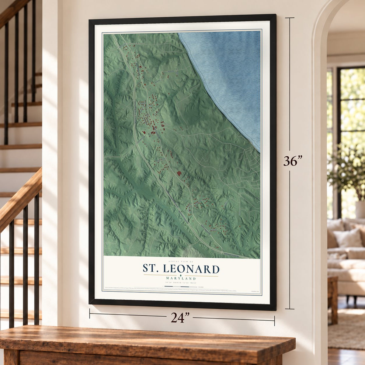St. Leonard, Maryland map, 24 x 36 inch print in a black frame by a staircase