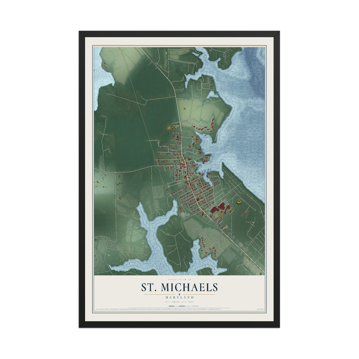 Map of St. Michaels, Maryland, 12 x 18 inch print in a black wood frame