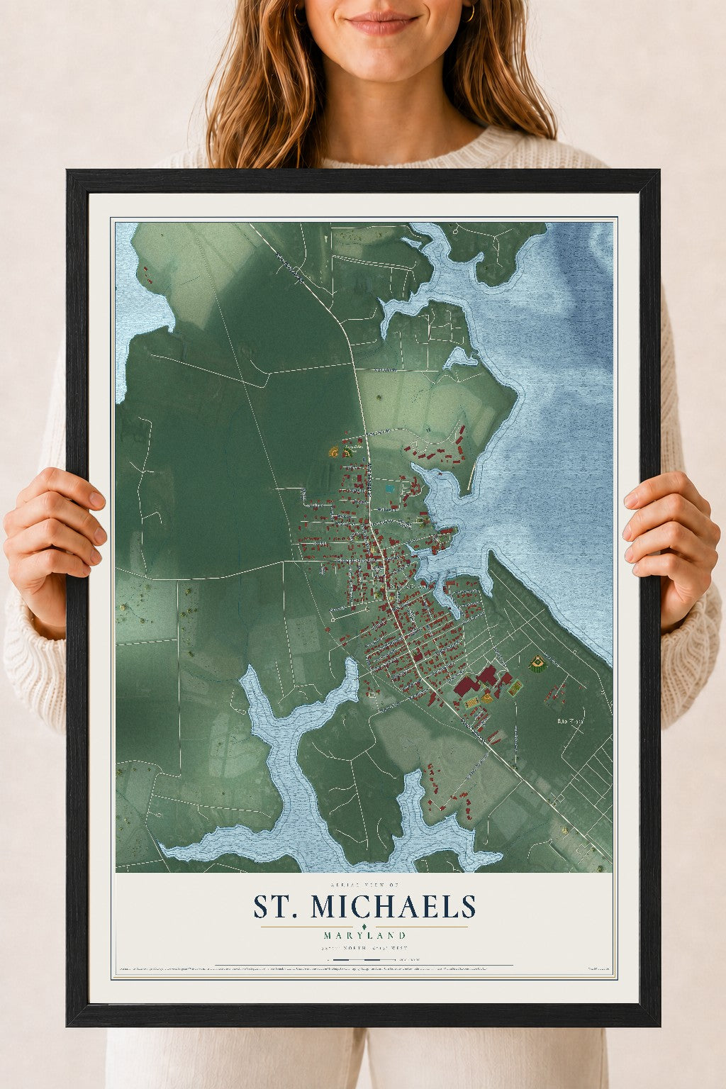 Map of St. Michaels, Maryland, 18 x 24 inch print in a black wood frame